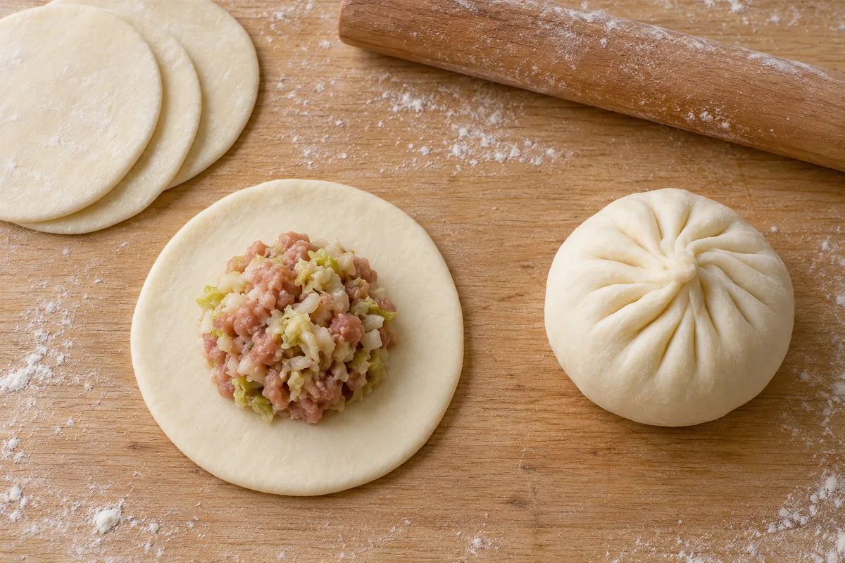 AI-generated shaping reference showing a baozi wrapper with filling and an adjacent sealed, pleated bun