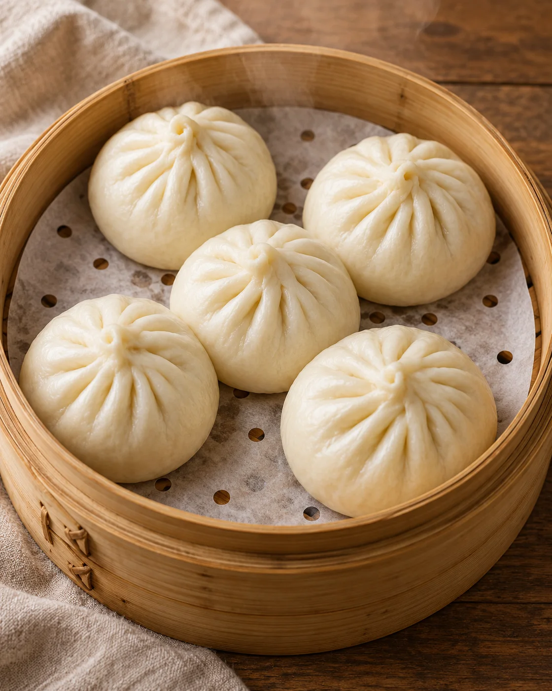 AI-generated editorial image of five round, pleated Chinese baozi in a bamboo steamer
